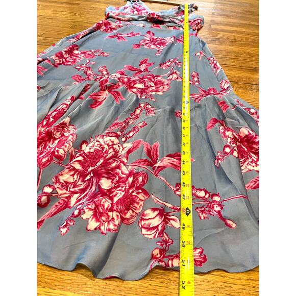 White House Black Market Tie Front Floral Maxi Dress Sz 8 Gray Satin Fit & Flare - Picture 10 of 12